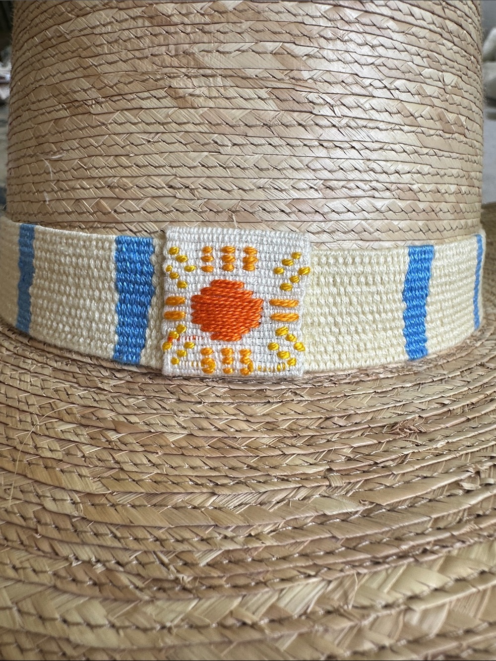 Natural Straw Sun Hat with Blue Stripe Band - Picture 3 of 3